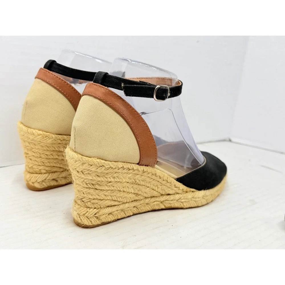 Brooks Brothers Womens US 7.5 Black Canvas Espadrille Wedge Ankle Strap
